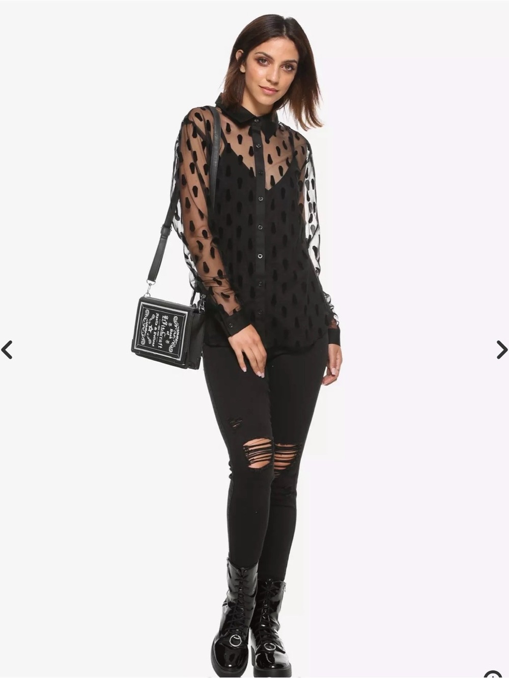 Hot Topic Black Sheer flocked Button Up Blouse Grunge Goth Alt Y2K Women’s s/m